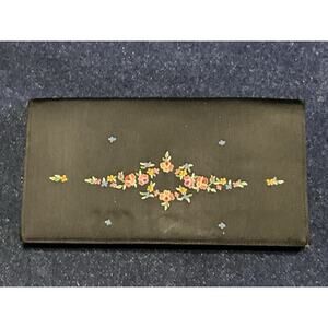 Vintage Black Satin Embroidered Clutch Bag With Comb Holder